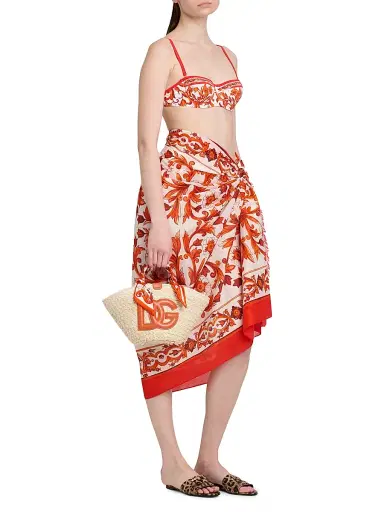 Dolce & Gabbana Women's Majolica Arancio-Print Straw Bucket Bag | Thumbnail 3