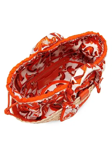 Dolce & Gabbana Women's Majolica Arancio-Print Straw Bucket Bag | Thumbnail 4