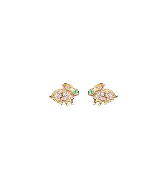 Bunny 18kt gold earrings with diamonds and emeralds