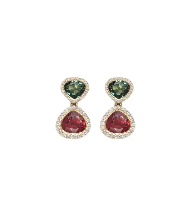 Octavia Elizabeth Two Drop Kaleidoscope 18kt gold earrings with tourmalines and diamonds