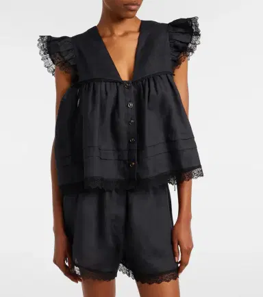 Ganni Lace-trimmed linen top | Thumbnail 4 Ganni Lace-trimmed linen top | Thumbnail 4