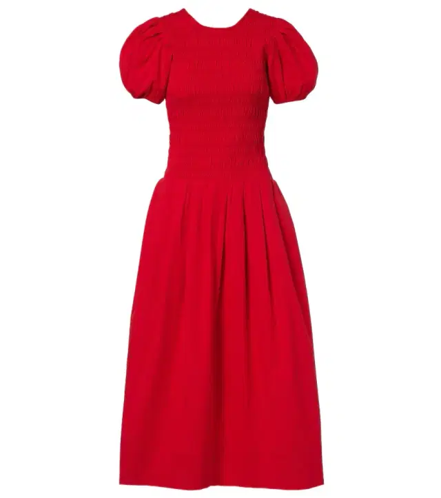 Shirred cotton-blend poplin midi dress