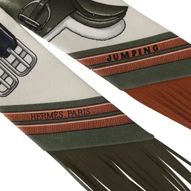 HERMÈS Hermes "Jumping Leather" Crème, Kaki and Beige Dore Fringe Silk Twilly | Thumbnail 3 HERMÈS Hermes "Jumping Leather" Crème, Kaki and Beige Dore Fringe Silk Twilly | Thumbnail 3