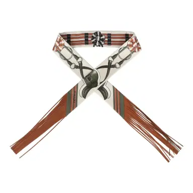 HERMÈS Hermes "Jumping Leather" Crème, Kaki and Beige Dore Fringe Silk Twilly | Thumbnail 1 HERMÈS Hermes "Jumping Leather" Crème, Kaki and Beige Dore Fringe Silk Twilly | Thumbnail 1