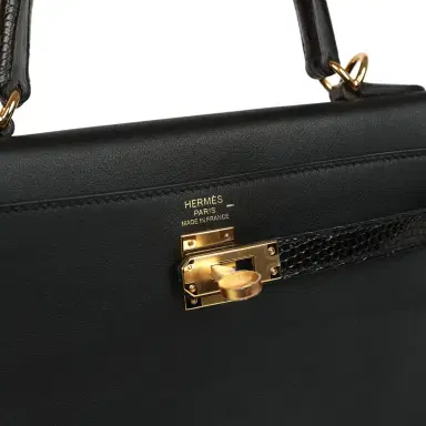 HERMÈS Hermes Kelly Retourne 25 Black Swift and Varanus Niloticus Lizard Touch Gold Hardware | Thumbnail 7