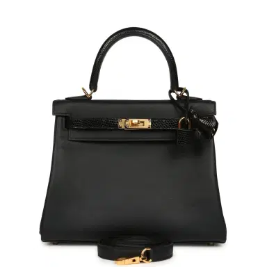 HERMÈS Hermes Kelly Retourne 25 Black Swift and Varanus Niloticus Lizard Touch Gold Hardware | Thumbnail 1