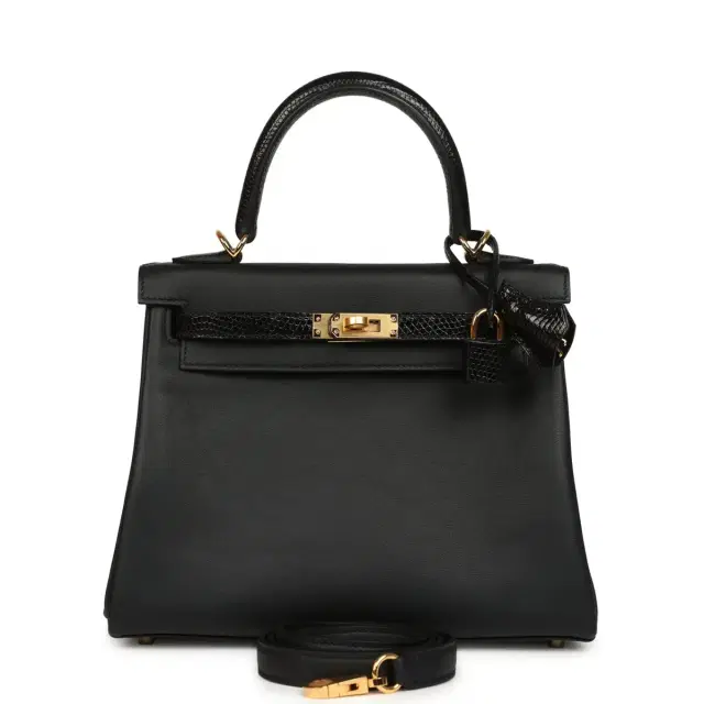 hermes Hermes Kelly Retourne 25 Black Swift and Varanus Niloticus Lizard Touch Gold Hardware