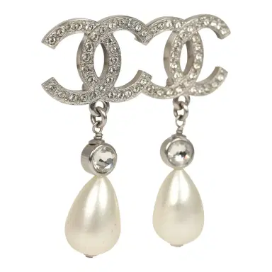 Chanel Pre-owned Chanel Large Crystal CC Pearl Drop Earrings Silver Tone Metal | Thumbnail 2 Chanel Pre-owned Chanel Large Crystal CC Pearl Drop Earrings Silver Tone Metal | Thumbnail 2