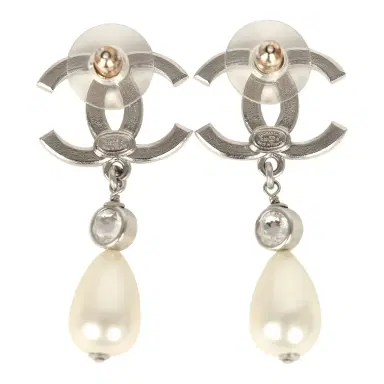 Chanel Pre-owned Chanel Large Crystal CC Pearl Drop Earrings Silver Tone Metal | Thumbnail 4 Chanel Pre-owned Chanel Large Crystal CC Pearl Drop Earrings Silver Tone Metal | Thumbnail 4