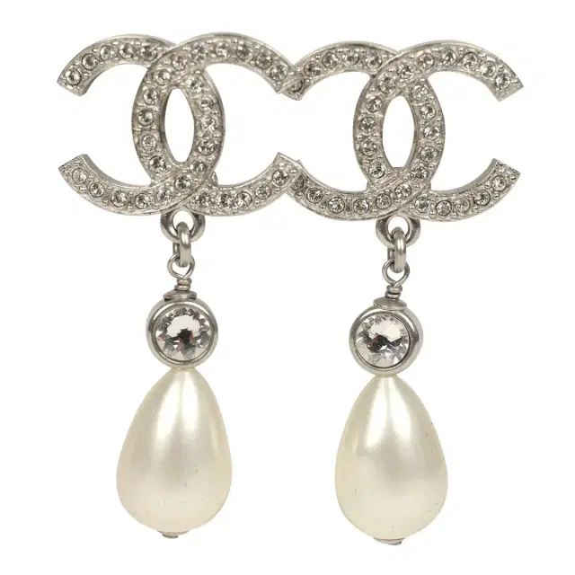Chanel Pre-owned Chanel Large Crystal CC Pearl Drop Earrings Silver Tone Metal