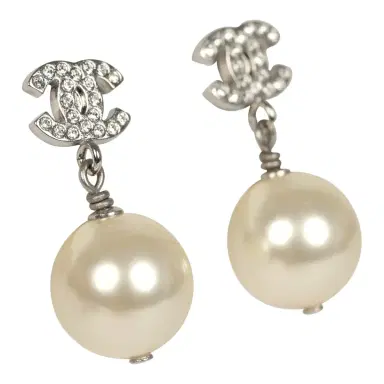 Chanel Pre-owned Chanel Small Crystal CC Pearl Drop Earrings Silver Tone Metal | Thumbnail 2