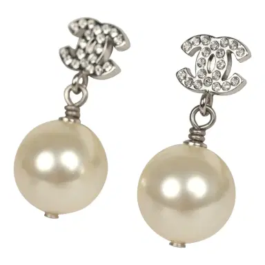 Chanel Pre-owned Chanel Small Crystal CC Pearl Drop Earrings Silver Tone Metal | Thumbnail 3