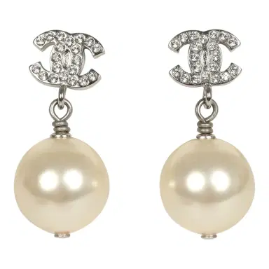 Chanel Pre-owned Chanel Small Crystal CC Pearl Drop Earrings Silver Tone Metal | Thumbnail 1