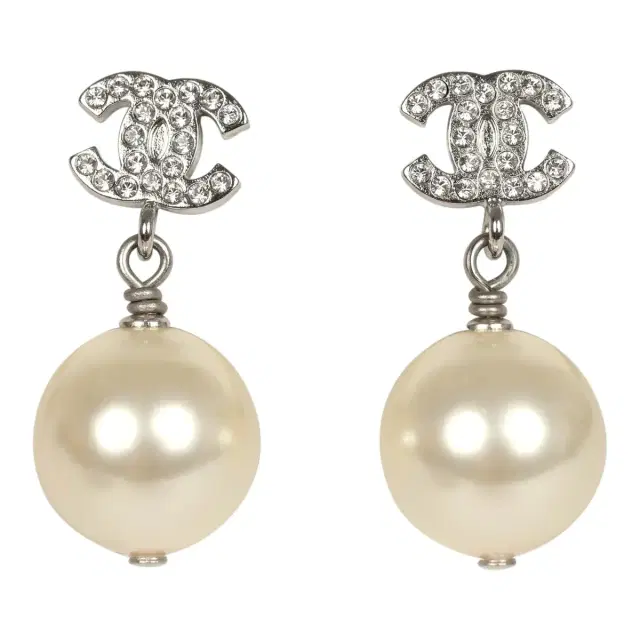 Chanel Pre-owned Chanel Small Crystal CC Pearl Drop Earrings Silver Tone Metal