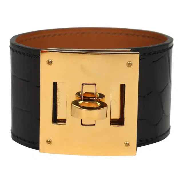 hermes Pre-owned Hermes Kelly Dog Bracelet Black Shiny Alligator Yellow Gold