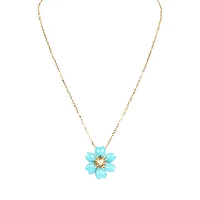 Van Cleef & Arpels Van Cleef & Arpels Rose de Noel Mini Pendant Necklace Turquoise 18K Yellow Gold and Diamonds