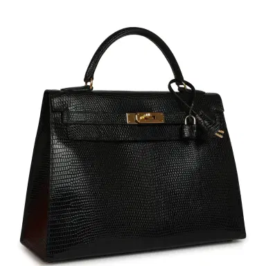 HERMÈS Vintage Hermes Kelly Sellier 32 Black Shiny Varanus Niloticus Lizard Gold Hardware | Thumbnail 2