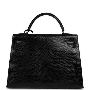 HERMÈS Vintage Hermes Kelly Sellier 32 Black Shiny Varanus Niloticus Lizard Gold Hardware | Thumbnail 4