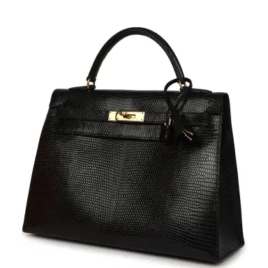 HERMÈS Vintage Hermes Kelly Sellier 32 Black Shiny Varanus Niloticus Lizard Gold Hardware | Thumbnail 5