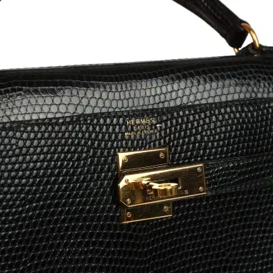 HERMÈS Vintage Hermes Kelly Sellier 32 Black Shiny Varanus Niloticus Lizard Gold Hardware | Thumbnail 7