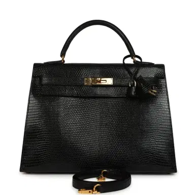 HERMÈS Vintage Hermes Kelly Sellier 32 Black Shiny Varanus Niloticus Lizard Gold Hardware | Thumbnail 1