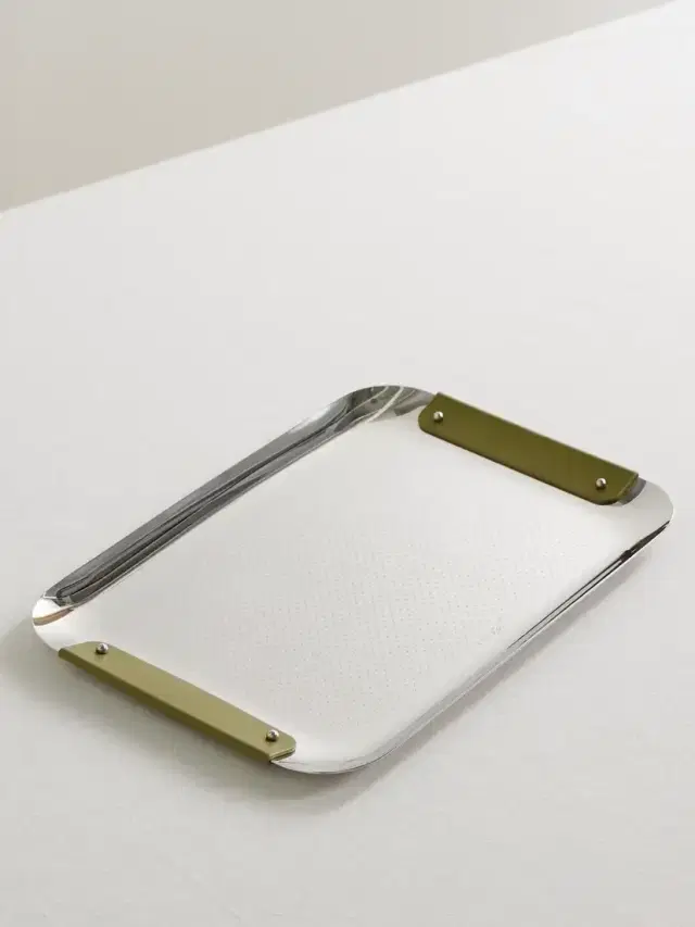 Christofle Club Leather-trimmed Stainless Steel Tray