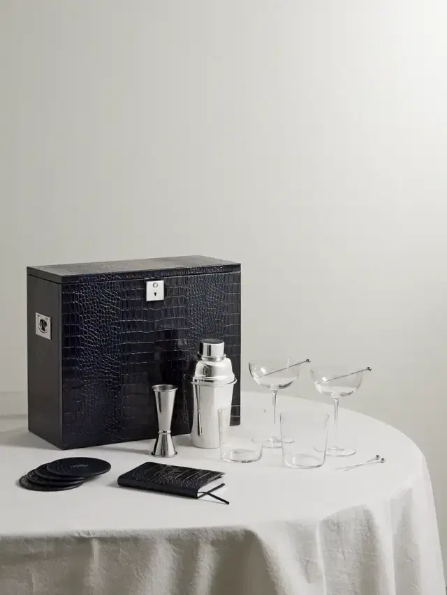 Smythson Mara Croc-effect Leather Bar Set