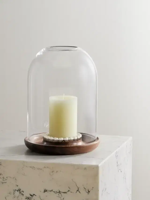 Christofle Perles Large Glass, Walnut And Silver-plated Hurricane Candle Holder
