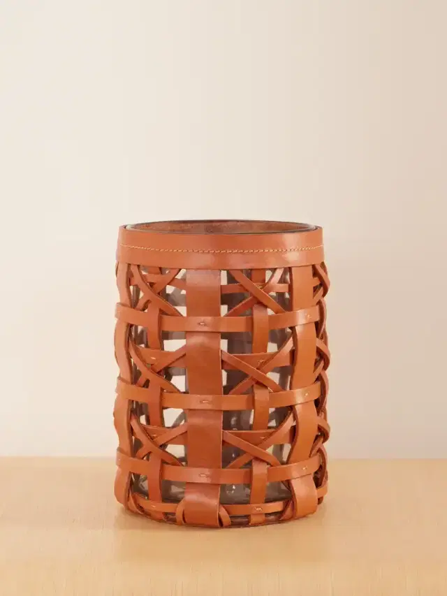 Ralph Lauren Home Preston Mini Woven Leather And Glass Hurricane Candle Holder