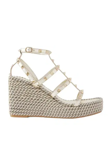 Valentino Garavani Rockstud Tourchon Metallic Leather Espadrille Wedge Sandals | Thumbnail 1