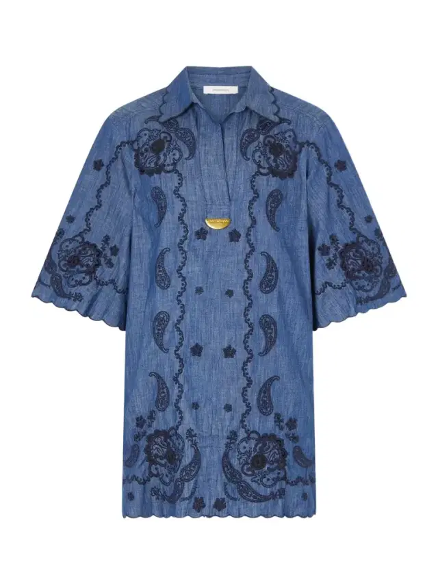 Aster Broderie Anglaise-trimmed Cotton-denim Mini Dress
