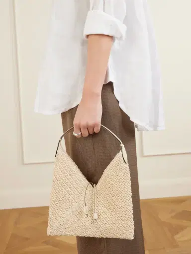 Hunting Season Origami Small Leather-trimmed Raffia Tote | Thumbnail 2
