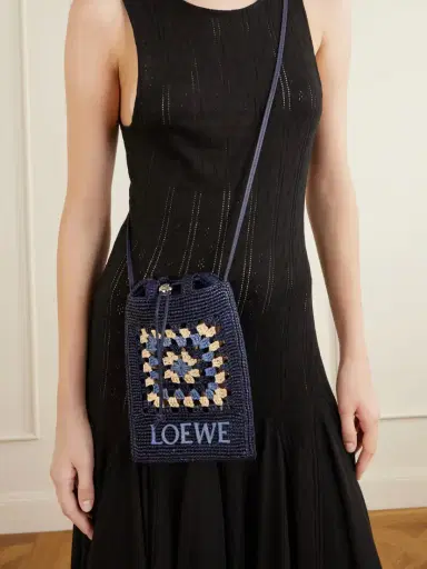 Loewe + Paula's Ibiza Logo-embroidered Leather-trimmed Crocheted Raffia Bucket Bag | Thumbnail 2