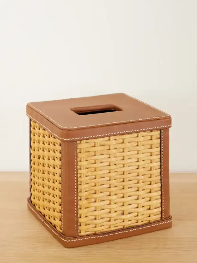 Ralph Lauren Home Bailey Leather-trimmed Rattan-woven Tissue Box