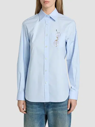 MOSCHINO Women's Glasses Print Stretch Cotton Shirt - Multi Light Blue | Thumbnail 3