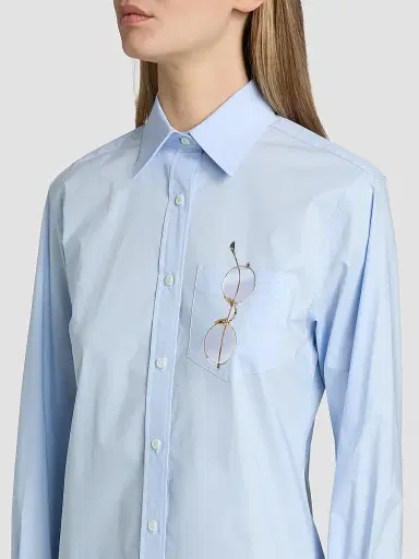 MOSCHINO Women's Glasses Print Stretch Cotton Shirt - Multi Light Blue | Thumbnail 6