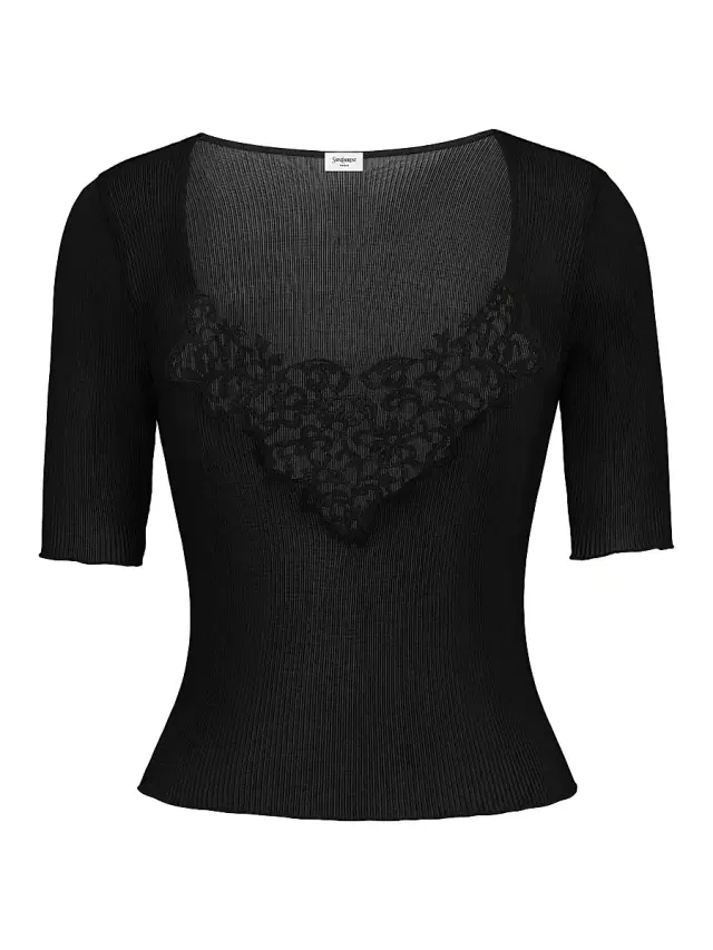 Women's Guipure Top in Ribbed Silk - Noir