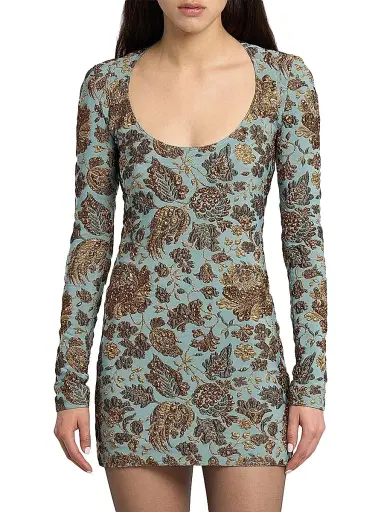 Saint Laurent Women's Mini Dress in Stretch Brocade - Aqua | Thumbnail 3