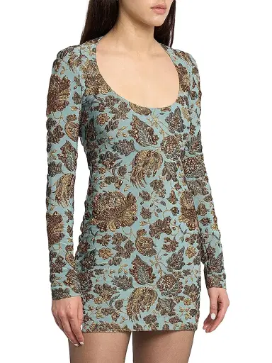 Saint Laurent Women's Mini Dress in Stretch Brocade - Aqua | Thumbnail 4
