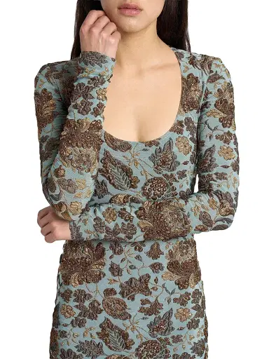 Saint Laurent Women's Mini Dress in Stretch Brocade - Aqua | Thumbnail 6