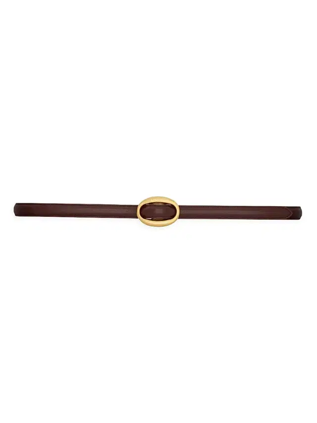 Saint Laurent Women's Oval Buckle Thin Reversible Belt in Smooth Leather - Beige Rouge