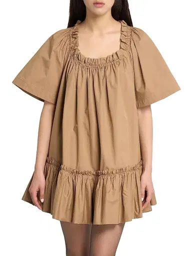 Saint Laurent Women's Ruffled Dress in Cotton - Chatain | Thumbnail 3