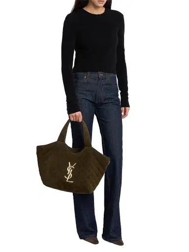 Saint Laurent Women's Icare Medium Tote Bag in Quilted Suede - Light Musk | Thumbnail 2 Saint Laurent Women's Icare Medium Tote Bag in Quilted Suede - Light Musk | Thumbnail 2