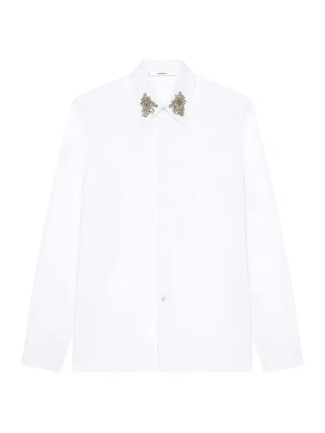 Givenchy Men's Slim Shirt in Poplin with Crystals Embroidered Collar - White