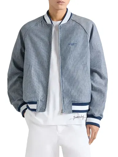 Givenchy Men's Striped Blouson Jacket in Cotton with Embroidery - White Blue - Size 46 | Thumbnail 3