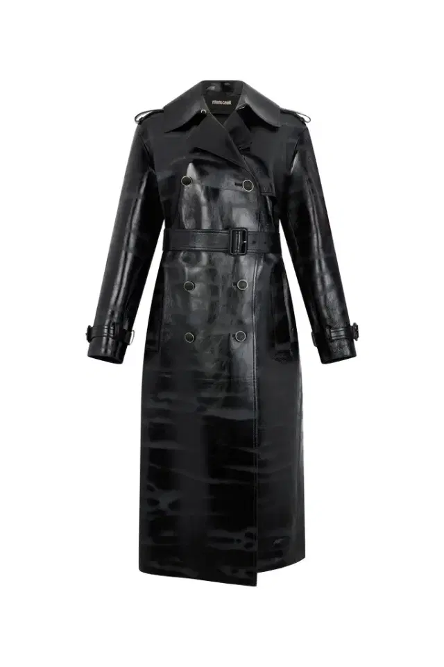 Roberto Cavalli Black Genuine Leather Long Trench Coat