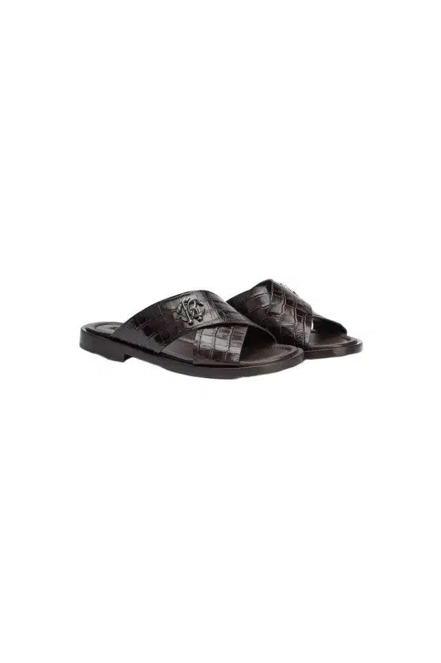 Dark Brown Crocodile-Effect Leather Slide Sandals