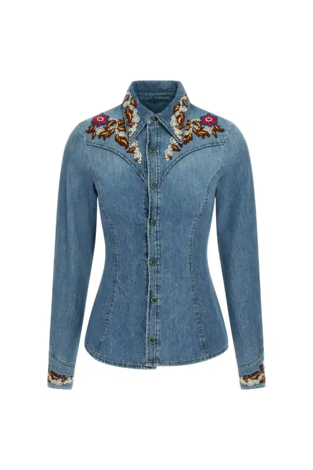 Roberto Cavalli Blue Denim Shirt With Floral Embroidery