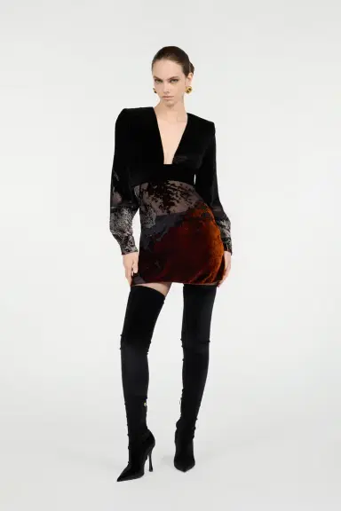 Roberto Cavalli Black Mini Dress in Silk Viscose Velvet Devorè Lava Effect | Thumbnail 6