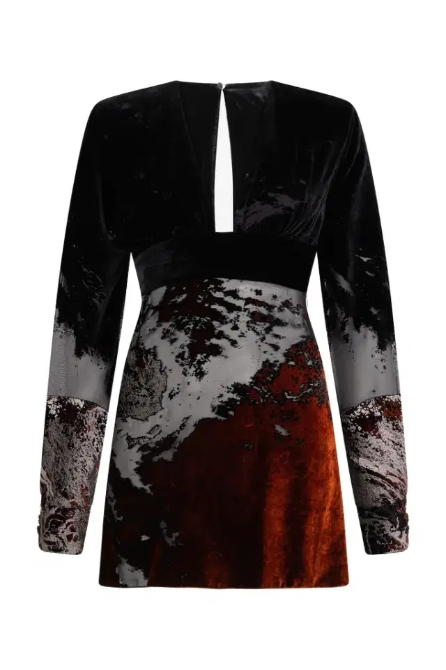 Roberto Cavalli Black Mini Dress in Silk Viscose Velvet Devorè Lava Effect